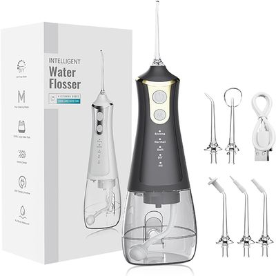 LuxeCare Water Dental Flosser, 300ML Portable Oral Irrigator for Teeth, 4 Modes and 5 Jet Tips,Rechargeable Irrigation Cleaner - Cordless for Teeth Care Home Use and Travel (Black 5 Nozzles)