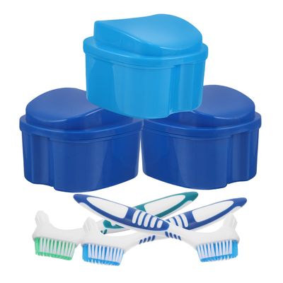 DECOMELODY 3 Sets Denture Storage Kit with Compact Plastic and Nylon Holder, Soaking Cup for Daily Oral Cleanliness and Travel Use, Portable Denture Cleaning and Dryness Case