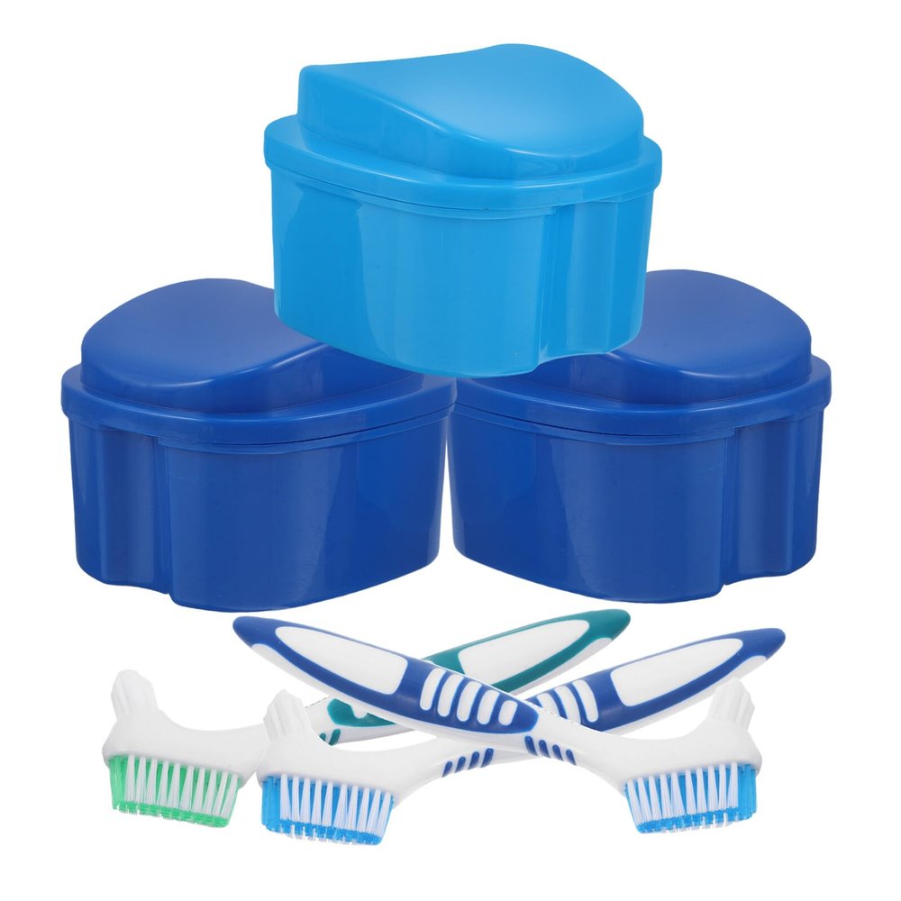 DECOMELODY 3 Sets Denture Storage Kit with Compact Plastic and Nylon Holder, Soaking Cup for Daily Oral Cleanliness and Travel Use, Portable Denture Cleaning and Dryness Case