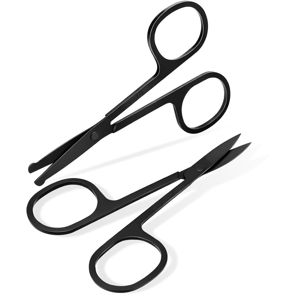 2 Pack Facial Hair Grooming Scissors, Small Nose Scissor, Professional Trimming Mini Stainless Steel, Curved Rounded Pointed Scissor for Eyebrows, Nose, Mustache, Beard, Eyelashes-Black