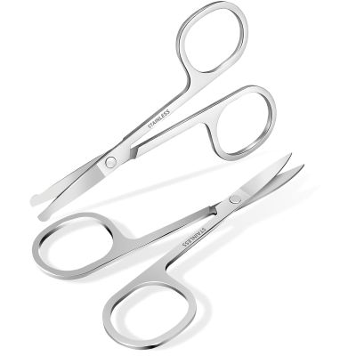 2 Pack Facial Hair Grooming Scissors, Small Nose Scissor, Professional Trimming Mini Stainless Steel, Curved Rounded Pointed Scissor for Eyebrows, Nose, Mustache, Beard, Eyelashes-Silver