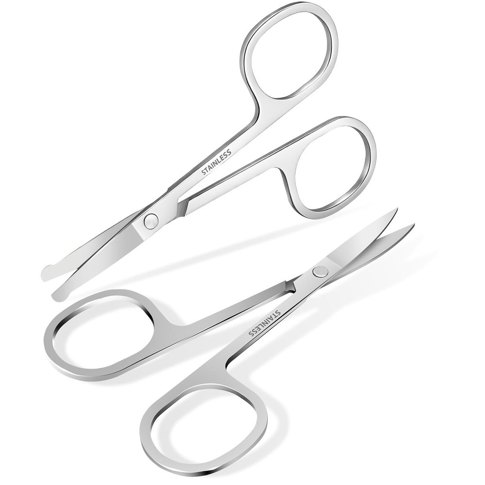 2 Pack Facial Hair Grooming Scissors, Small Nose Scissor, Professional Trimming Mini Stainless Steel, Curved Rounded Pointed Scissor for Eyebrows, Nose, Mustache, Beard, Eyelashes-Silver