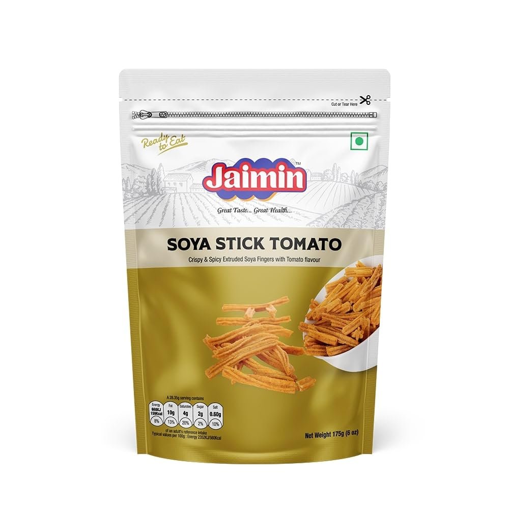 Jaimin Indian Snacks Variety Pack | Authentic Traditional Street Food Flavours | Savoury & Crunchy Indian Namkeen Assortment | Perfect for Parties, Picnics & Gifting (Pack of 1, Soya Stick Tomato)