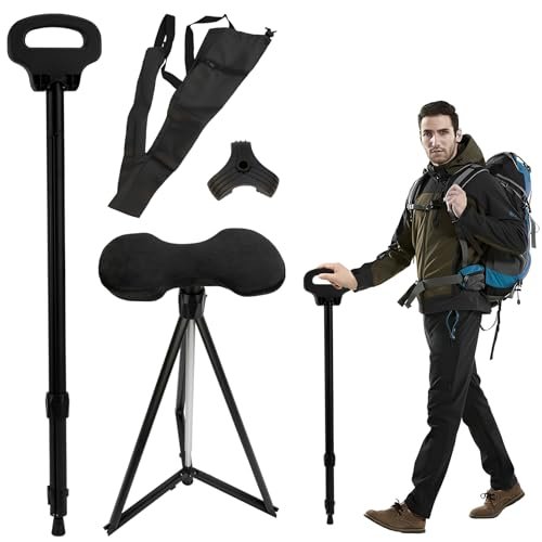 Adjustable Telescopic Walking Stick with Seat, Collapsible Hiking Poles, 7-Level Height, Foldable Crutches