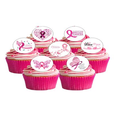 12 Pre-Cut Breast Cancer Charity Awareness Themed Edible Wafer Paper Cake Toppers Decorations