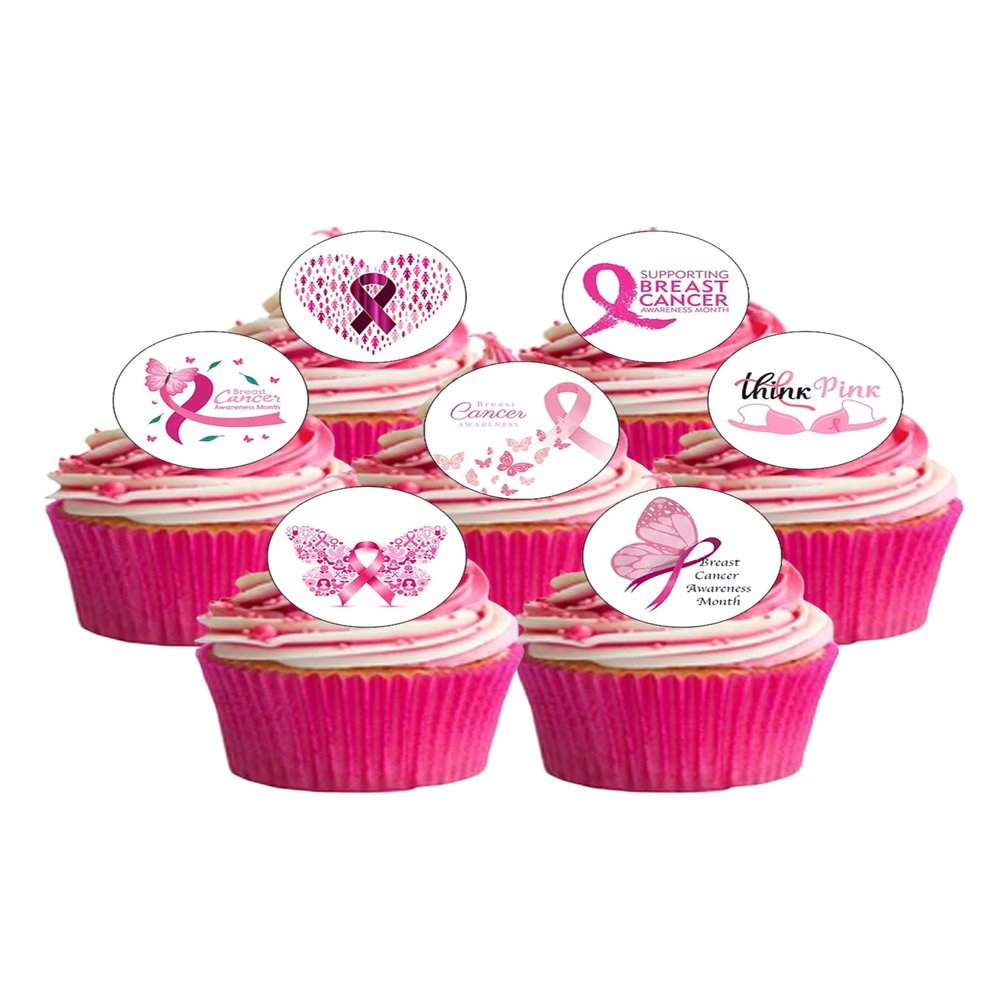 12 Pre-Cut Breast Cancer Charity Awareness Themed Edible Wafer Paper Cake Toppers Decorations