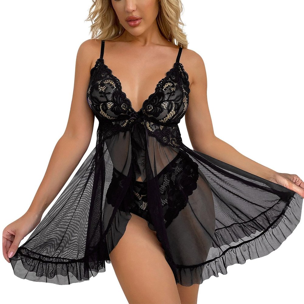 Cocila Lingerie Sets for Women UK Sexy Lace Babydoll Ladies Nightdresses Sheer Mesh Halter Nighties Backless Nightwear Lace Chemise Negligees Open Front Sleepwear Black 3XL