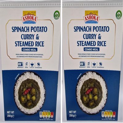 Ashoka Spinach Potato Curry & Steamed Rice Combo Meal 250g Ready to Eat Indian Curry with Rice No Preservatives, 100% Vegetarian, Authentic Taste (Pack of 2)