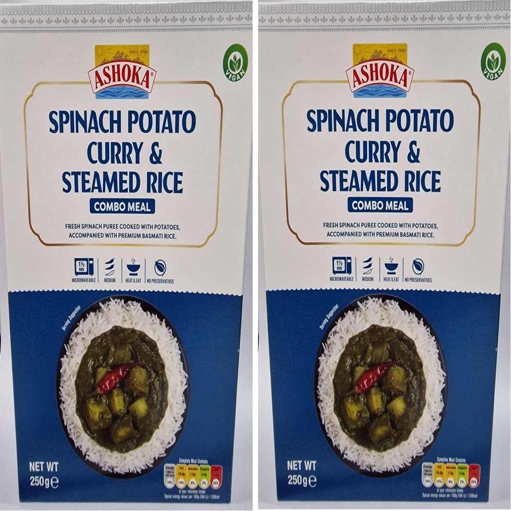 Ashoka Spinach Potato Curry & Steamed Rice Combo Meal 250g Ready to Eat Indian Curry with Rice No Preservatives, 100% Vegetarian, Authentic Taste (Pack of 2)