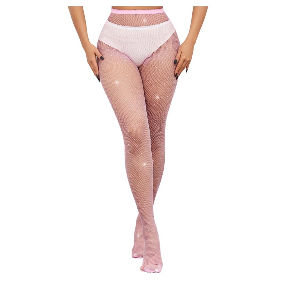 2025 Women Fishnet Stockings Rhinestone Glitter Party Concerts Outfits Fishnet Stockings Lingerie Open Crotch, pink, A