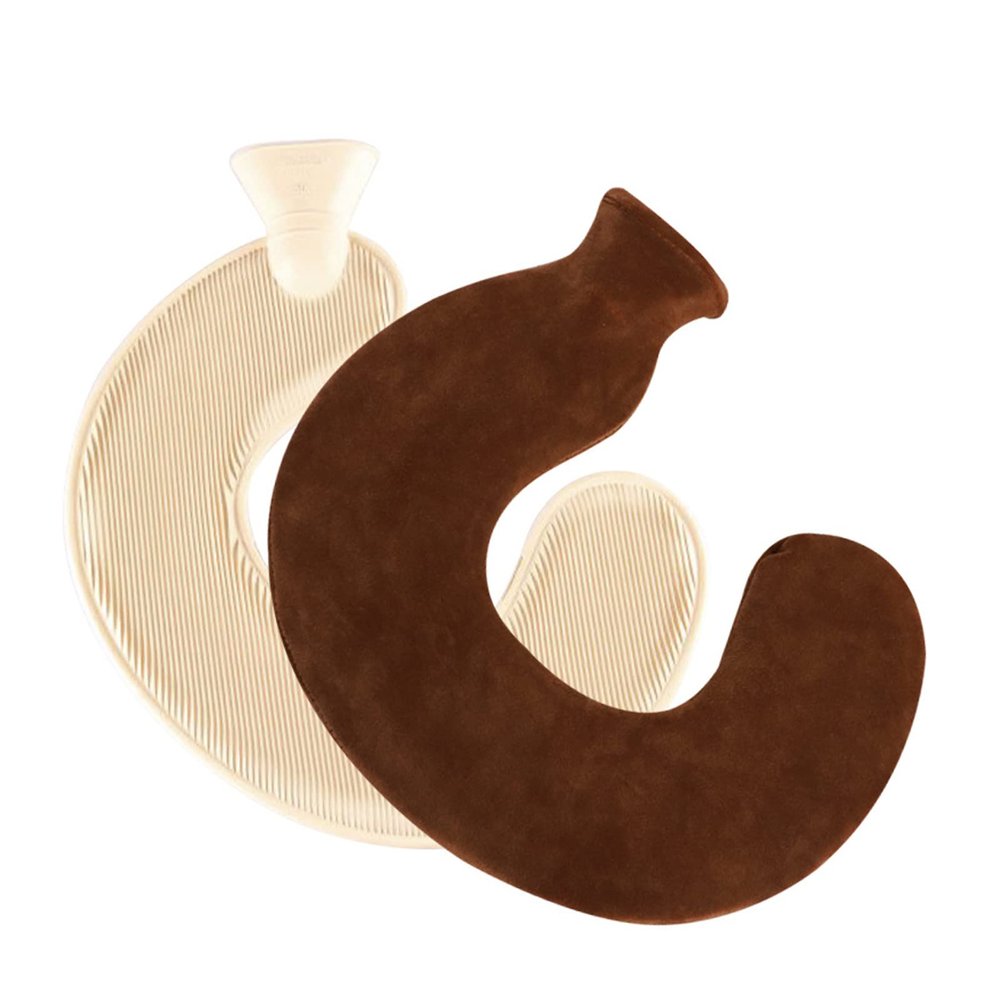 Jenngaoo U-Shaped Neck Hot Water Bottle, U Shaped Shoulder Neck Back Pain Relief Hot Water Bottle with Soft Removable Velvet Cover for Keeping Warm Winter Bedtime Office Home Use (Brown)