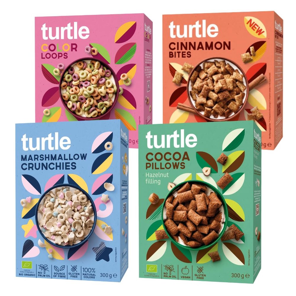 Turtle Cereal Variety Pack - Gluten Free Cereal 300g (Pack of 4) Certified Organic Family Breakfast Cereal, Source of Fibre, Wholesome Natural Morning Energy
