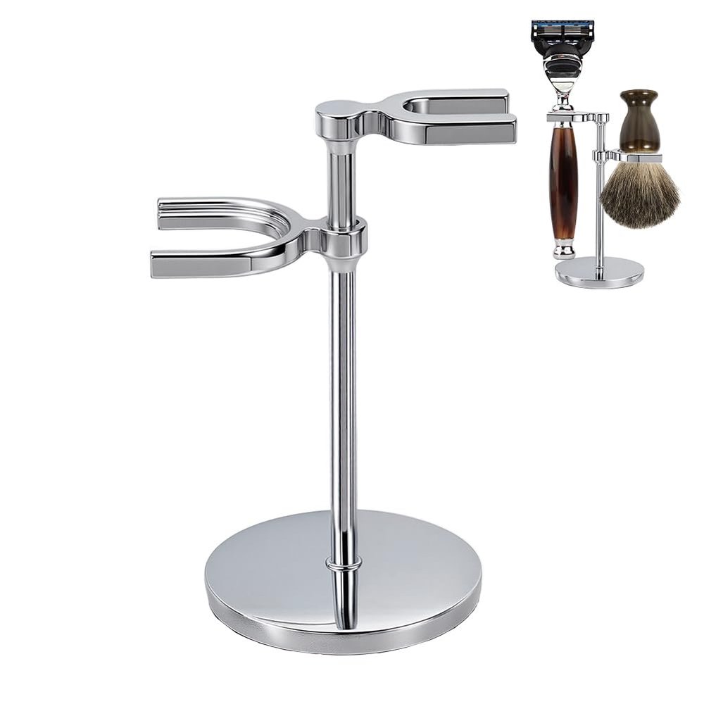 AHANDMAKER 1 Pack Razor Holder Safety Razor Stand With Brush Holder Shaving Brush Stand Holders for Bathroom Travel Fathers Day Christmas Gifts Men Barber Accessories, Platinum