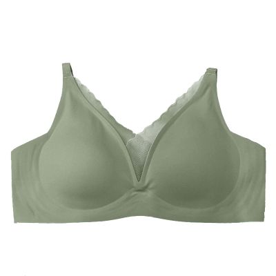 Lace Top Sexy Women's Seamless Latex Bra French Wireless Push Up Adjustable Lingerie 2B Ware, Green, L