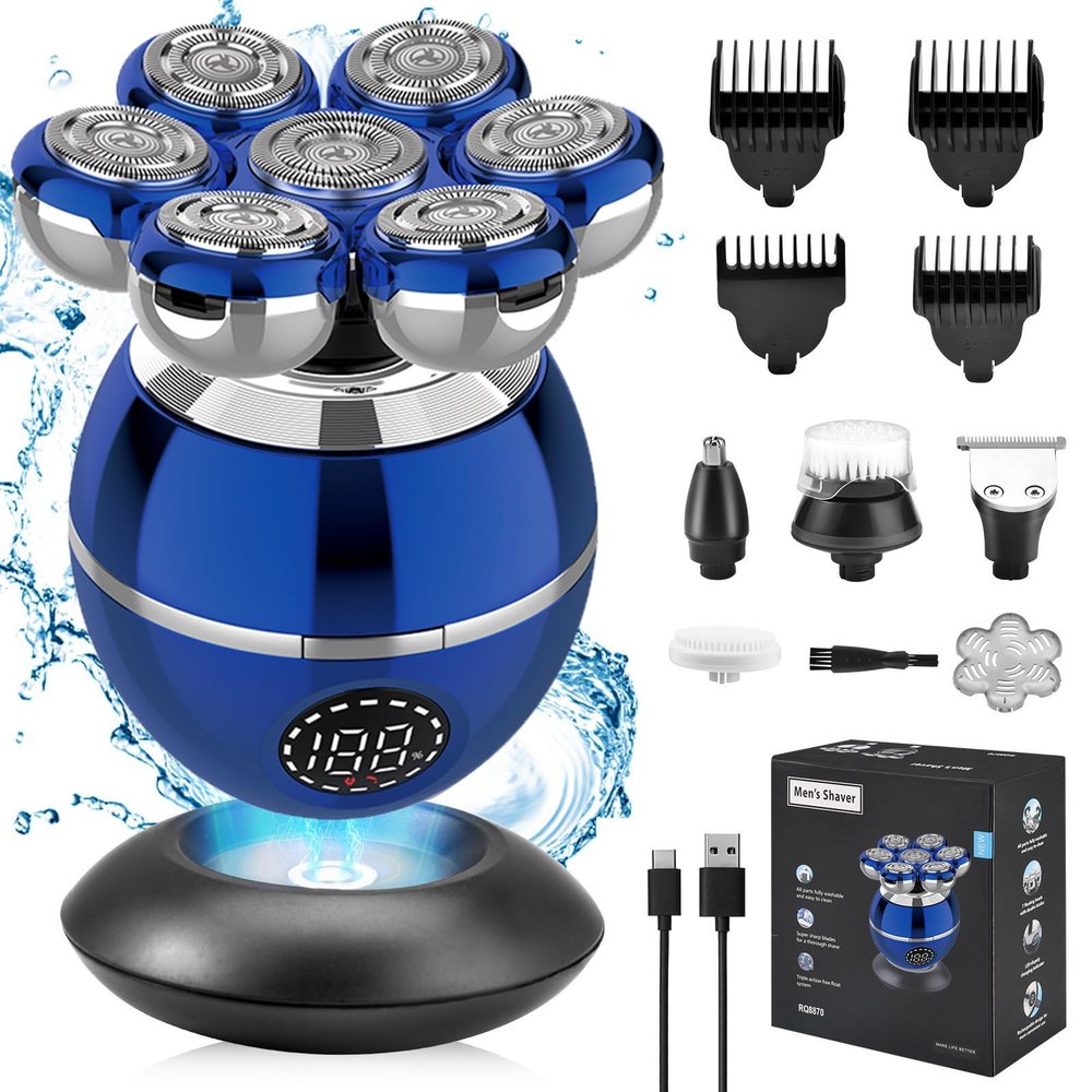 7D Electric Shaver for Bald Men, Wet Dry Use, 5 in 1 Waterproof Rotary Head Shavers with Beard/Nose Trimmer & Cleaning Brush, Wireless Charging Base (Blue)