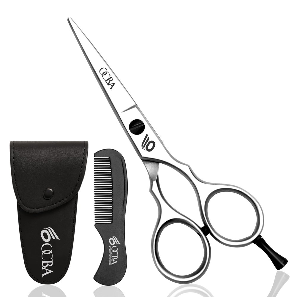 OCBA Beard Scissor Professional Moustache Scissors Ear and Nose Hair Trimming Scissors Stainless Steel, Safety Use for Eyebrows (Classic Silver)