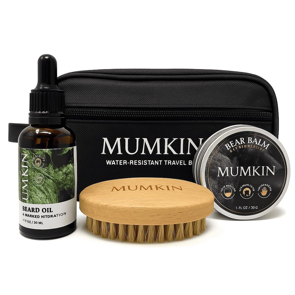 MUMKIN The Ultimate Beard Grooming Essentials for Men with Beard Oil, Balm, Bristle Beard Brush & Travel Bag - Beard Set for Men - Men's Grooming - Beard Moisturiser for Softer - Valentines Gift.