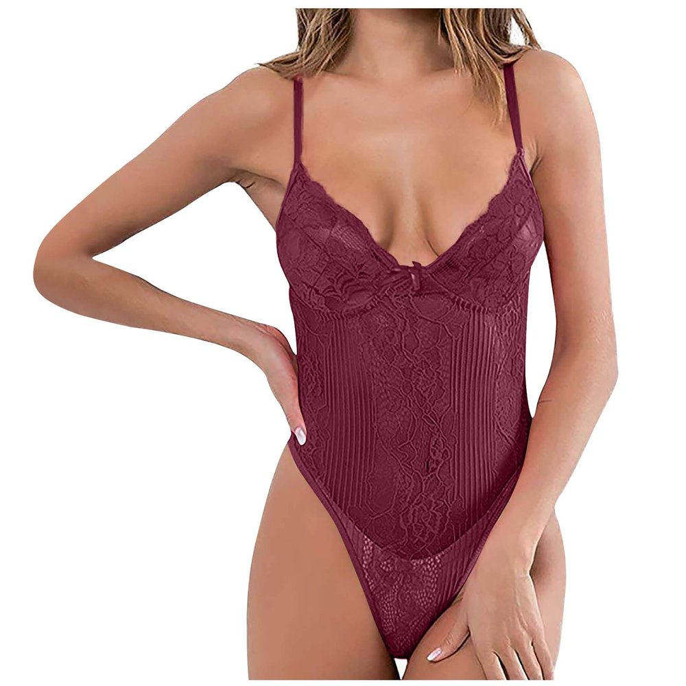 Women's Baby Dolls, Chemises & Negligees Ladies Lace Cut Out Bodysuit Tops Low Cut Jumpsuit Lingerie Leotards Sexy Naughty Lingerie Outfits Underwear Nighties UK Wine
