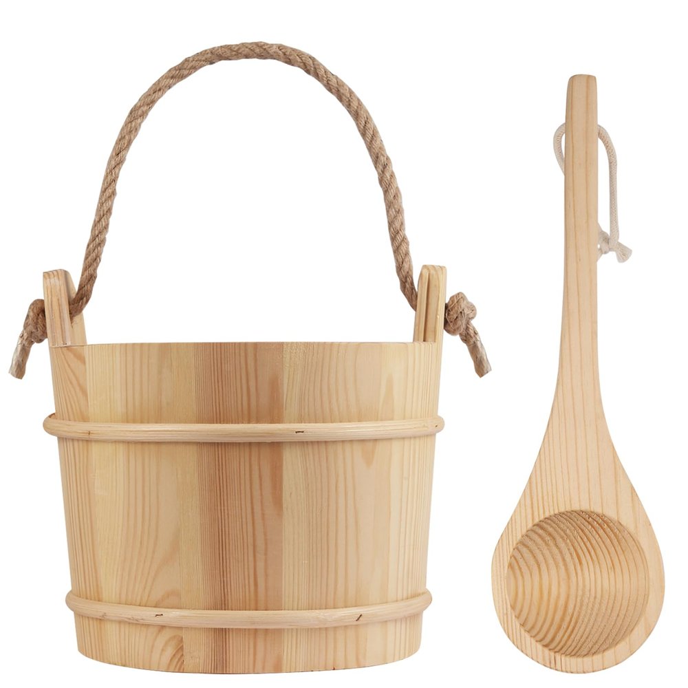 bayisam Wooden Sauna Bucket and Ladle Set, Natural Pine, Traditional Design (Sauna Bucket Pine 5L)