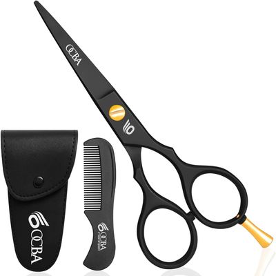 OCBA Beard Scissor Professional Moustache Scissors Ear and Nose Hair Trimming Scissors Stainless Steel, Safety Use for Eyebrows (Classic Black)