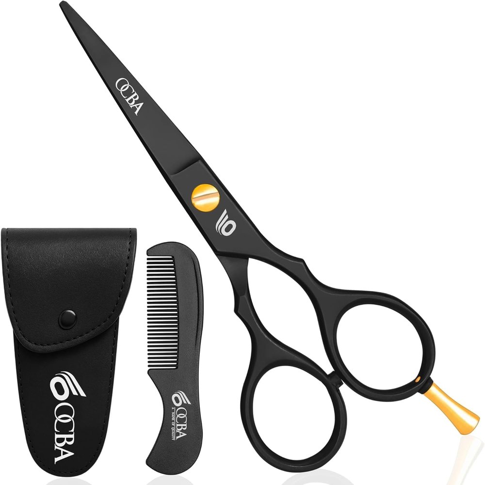OCBA Beard Scissor Professional Moustache Scissors Ear and Nose Hair Trimming Scissors Stainless Steel, Safety Use for Eyebrows (Classic Black)