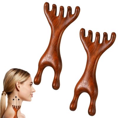 2 Pcs Wooden Scalp Massager Comb Acupressure Tool 5-Claw Meridian Therapy Manual Scalp Massager Natural Sandalwood Guas Sha Tools Ergonomic Handheld Massage Stick for Head Neck Face Nose Jaw