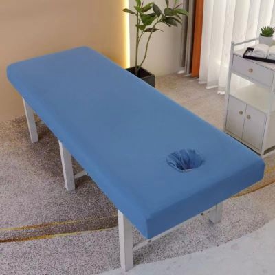Odot Massage Bed Sheet with Face Hole, Beauty Bed Cover Thick Couch Cover Salon SPA Sheets Washable Reusable Elastic Cord Edge All-Round Wrap Fitted Sheet, Solid Colors (Blue,70x185cm)