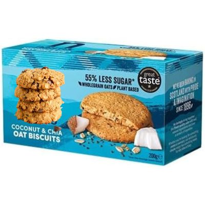 Coconut & Chia Oat Biscuits, 200g, 45 Calories Per Biscuit. High Fibre. No GM Ingredients. No Hydrogenated Fat. No Artificial Colours, Flavours or Preservatives. Suitable for Vegans.