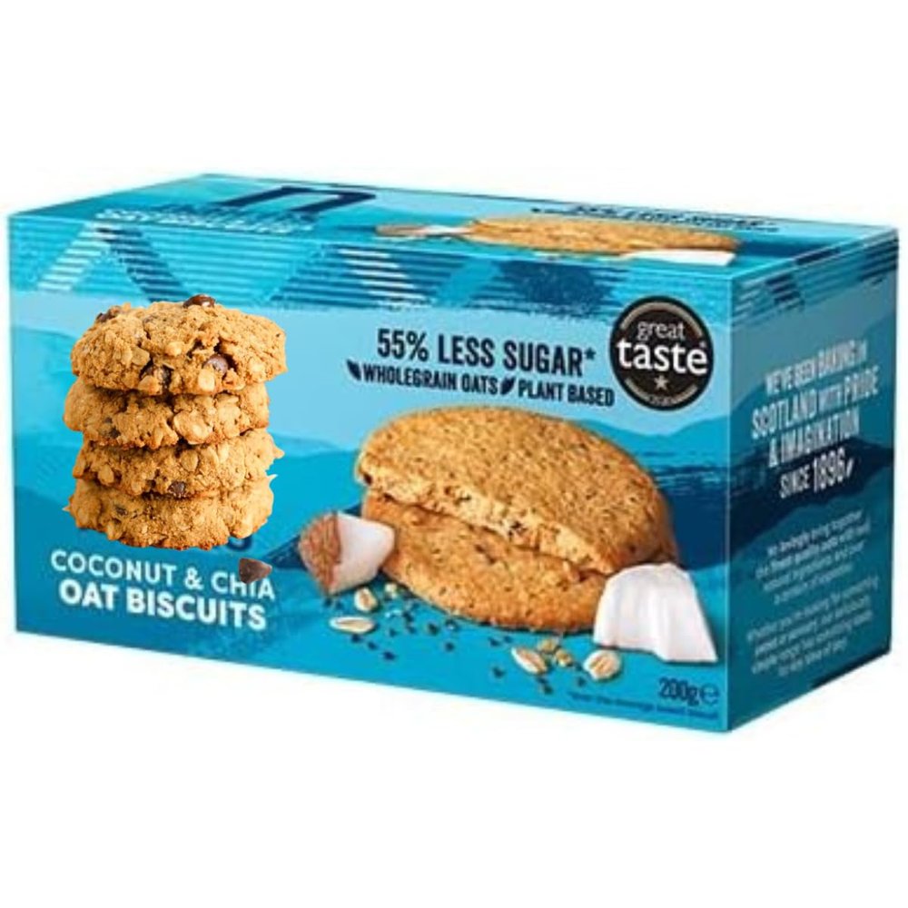 Coconut & Chia Oat Biscuits, 200g, 45 Calories Per Biscuit. High Fibre. No GM Ingredients. No Hydrogenated Fat. No Artificial Colours, Flavours or Preservatives. Suitable for Vegans.