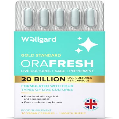 Wellgard Orafresh - Vegan Oral Live Culture with 20 Billion CFU, 4 Live Culture Strains, Sage Leaf Extract & Peppermint Oil, 30 Capsules