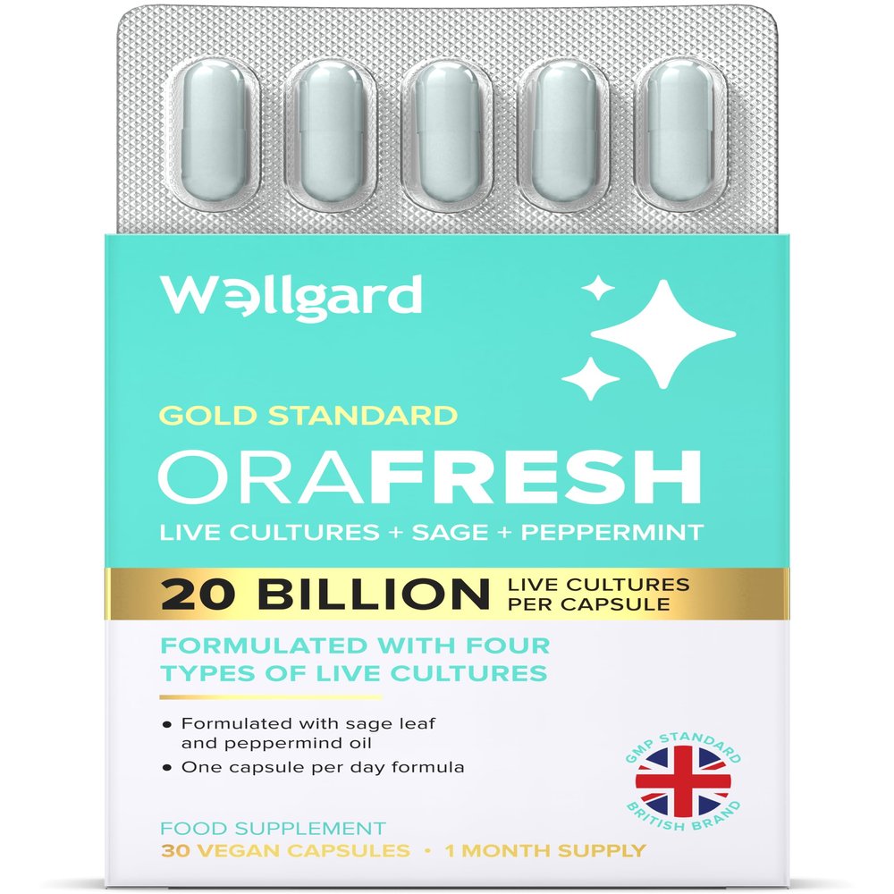 Wellgard Orafresh - Vegan Oral Live Culture with 20 Billion CFU, 4 Live Culture Strains, Sage Leaf Extract & Peppermint Oil, 30 Capsules