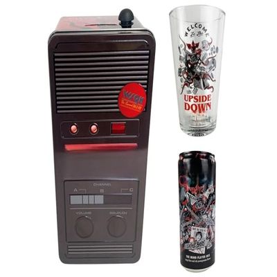 New Walkie Talkie Gift Tin Including A Bottle of Pomegranate, Lime Soft Drink and A Branded Glass and A Collector's Walkie Talkie Tin With Money Box Slot and Antenna Detailing.