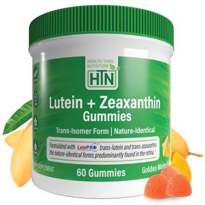 Health Thru Nutrition Lutein + Zeaxanthin Gummies | All-Trans Form | 20mg Lutein & 4mg Zeaxanthin Trans-isomers | Golden Mango Flavor | Eye Support | Non-GMO, Vegan| 60 Gummies