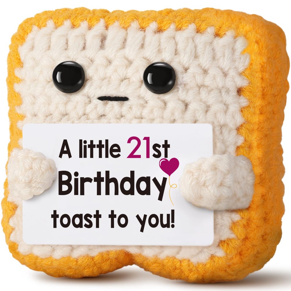 21st Birthday Gifts for Her & Him - Finally 21 Gift for Women, Men - Funny Crochet Toast, Unique Bar Cart Decor & Card Alternative
