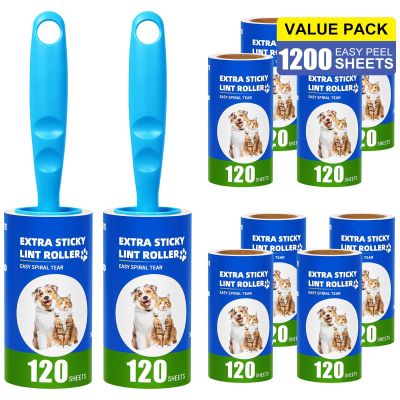 Omtofo 1200 Sheets Lint Roller Pet Hair, 10 Rolls Extra Strong Lint Roller Clothes with 2 Handles, Lint Roller for Clothes, Hair, Sofa, Bed, Cat Hair, Dog Hair, 120 Sheets/Rolls