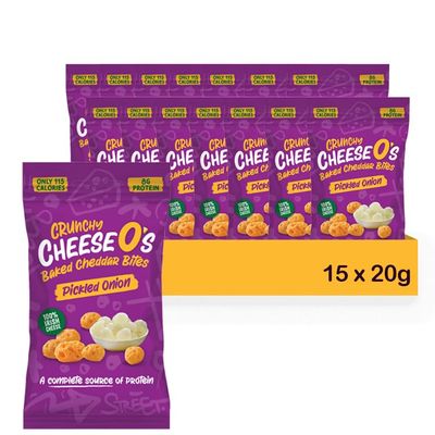 CheeseO's Crunchy Cheese Snacks Pickled Onion Pack of 15x20g - Cheddar Bites, Keto Snacks, High Protein Snack, Baked Crisps Low Carb Gluten Free Vegetarian Savoury Snack