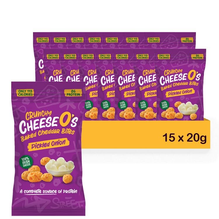 CheeseO's Crunchy Cheese Snacks Pickled Onion Pack of 15x20g - Cheddar Bites, Keto Snacks, High Protein Snack, Baked Crisps Low Carb Gluten Free Vegetarian Savoury Snack