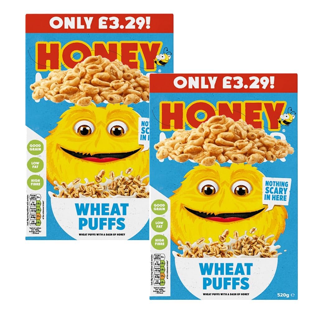 Honey Wheat Puffs 520g Puffed Wheat Sweetened with Sugar & Honey, Fortified with Vitamins & Iron - Healthy Breakfast Cereal for Energy Boost Mnt (2 x Pack)