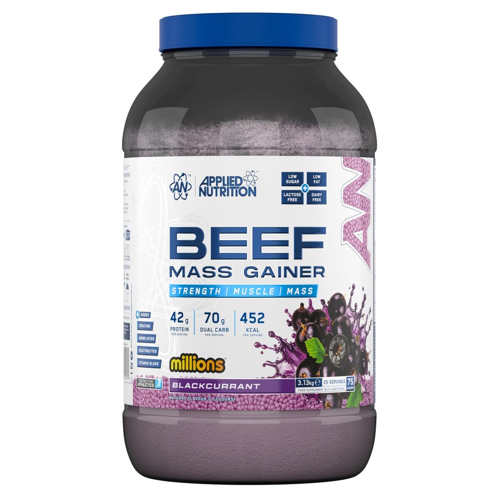 Applied Nutrition Beef Mass Gainer Protein Powder 42g Beef Protein Isolate, High Calorie Weight Gainer Supplement, Lactose Free, Low Sugar (3.13kg 25 Servings) (Blackcurrant Millions)