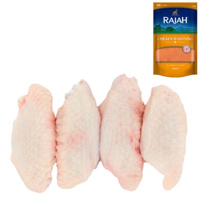 Chicken Mid Wings 1kg with Rajah Chicken Seasoning 100gr Tender Spicy Chicken Wings for Frying, Roasting & Party Platters Fresh Halal Meat Pack
