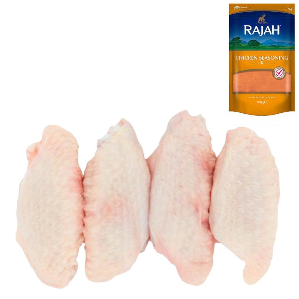 Chicken Mid Wings 1kg with Rajah Chicken Seasoning 100gr Tender Spicy Chicken Wings for Frying, Roasting & Party Platters Fresh Halal Meat Pack