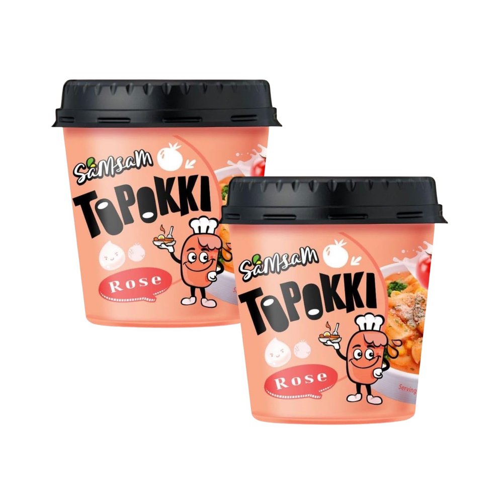 SamSam Instant Tteokbokki Topokki Korean Rice Cakes Chewy Street Snack, Multi Flavours, Carbonara, Cheese, Curry, Garlic Teriyaki, Jjajang, Rose, Original Sweet & SpicyPack of 2 (Rose)