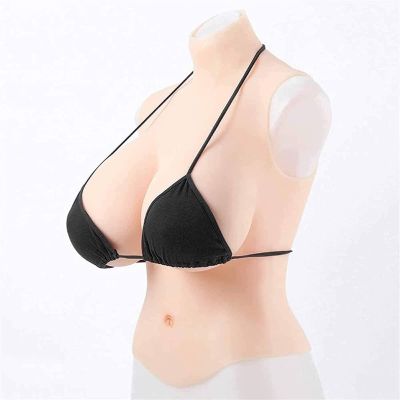 High Collar Realistic Silicone Breast Forms Fake Breast Boobs Enhancers Suitable for Mastectomy Crossdressers Transgender Christmas Cosplay(Brown Skin,E)