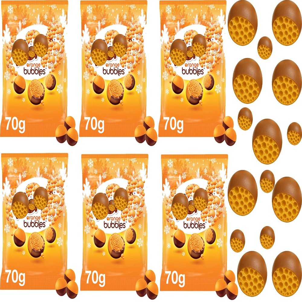 Bubbles Orange Chocolate Share Bag 70g Light & Bubbly Orange Centre with Chocolate Shell Perfect Christmas Stocking Filler & Festive Treat - Aro (6 x Bag)