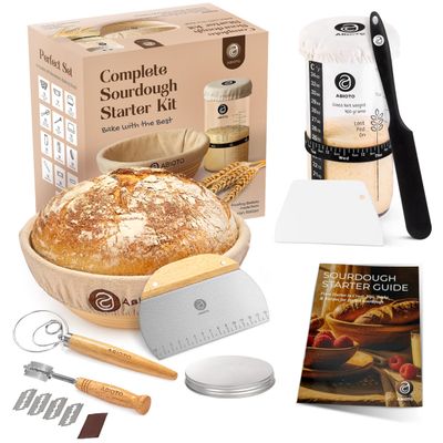 Complete Sourdough Accessories with 9" Round Banneton Safe Basket and 24oz Starter Jar, Beginner Friendly Sourdough Bread Set and Baking Gifts for