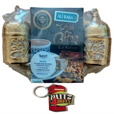 NUTZ4NUTS Keyring with ALI Baba Turkish Coffee Set (100g Turkish Coffee + 2 Coffee Cups + 2 Zamak Sleeves) (Gold Colour)