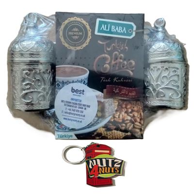 NUTZ4NUTS Keyring with ALI Baba Turkish Coffee Set (100g Turkish Coffee + 2 Coffee Cups + 2 Zamak Sleeves) (Silver Colour)