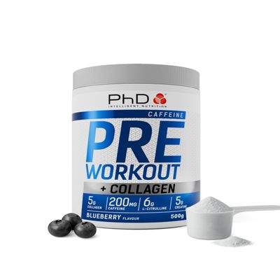 PhD Pre-Workout Powder - Blueberry Pre-Exercise Drink with Creatine, L-Citrulline, L-Leucine and Collagen - with Caffeine - 500g