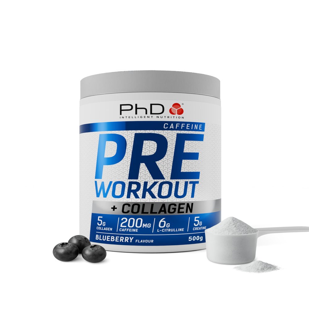 PhD Pre-Workout Powder - Blueberry Pre-Exercise Drink with Creatine, L-Citrulline, L-Leucine and Collagen - with Caffeine - 500g