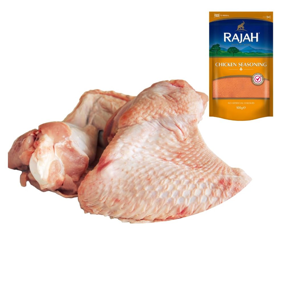 Turkey Wings 1kg with Rajah Chicken Seasoning 100g | Halal Premium Turkey for Roasting, Grilling & Frying | Juicy, Tender & Flavorful Poultry Pack